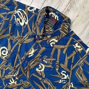 Vintage Y2k Fubu Blue Brown Dragon Bamboo Button Up Short Sleeve Shirt Mens S/M